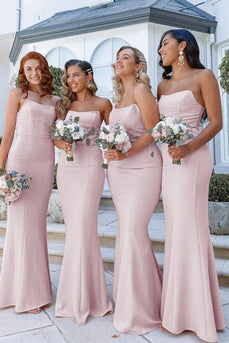 Mermaid Strapless Light Pink Long Bridesmaid Dress