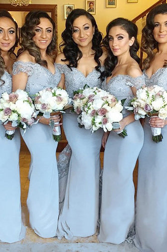 Mermaid Off The Shoulder Light Blue Bridesmaid Dress with Lace