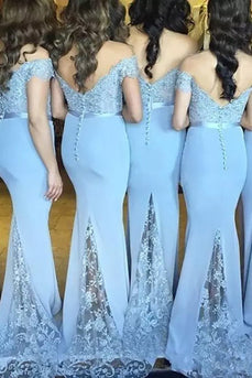 Mermaid Off The Shoulder Light Blue Bridesmaid Dress with Lace