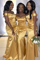 Load image into Gallery viewer, Mermaid Off The Shoulder Champagne Bridesmaid Dress with Slit