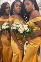 Load image into Gallery viewer, Mermaid Off The Shoulder Champagne Bridesmaid Dress with Slit