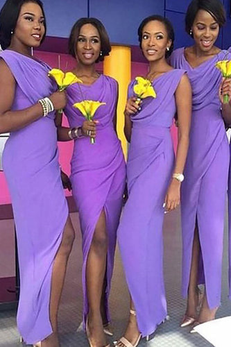 Simple Long Purple Bridesmaid Dress with Slit