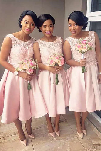 A-Line Boat Neck Light Pink Bridesmaid Dress with Lace