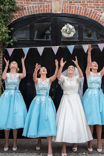 A-Line Boat Neck Blue Bridesmaid Dress with Lace