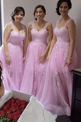 Tulle A-Line Light Pink Long Bridesmaid Dress with Appliques