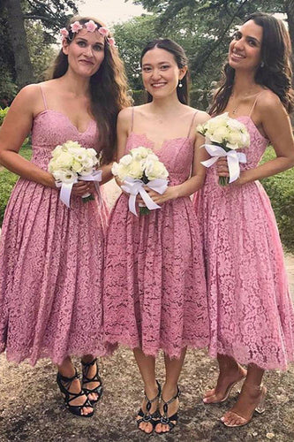 Lace Spaghetti Straps Pink Bridesmaid Dress