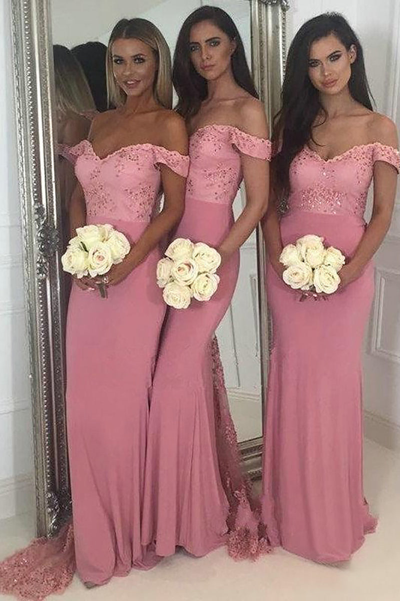 Load image into Gallery viewer, Mermaid Off The Shoulder Pink Bridesmaid Dress with Lace