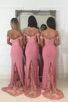 Mermaid Off The Shoulder Pink Bridesmaid Dress with Lace