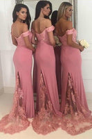 Load image into Gallery viewer, Mermaid Off The Shoulder Pink Bridesmaid Dress with Lace