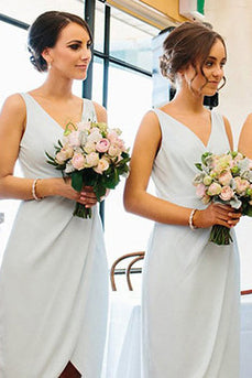 Simple V-Neck Light Blue Bridesmaid Dress