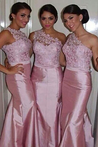 One Shoulder Mermaid Pink Long Bridesmaid Dress with Button