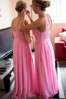 Boat Neck Pink Long Bridesmaid Dress with Lace