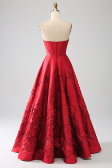 Elegant Princess A-Line Strapless Dark Red Long Formal Dress with 3D Flowers