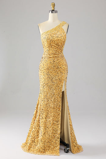 Mermaid Sequins One Shoulder Golden Long Formal Dress with Slit