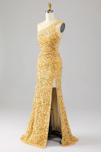 Mermaid Sequins One Shoulder Golden Long Formal Dress with Slit