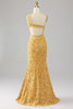 Load image into Gallery viewer, Mermaid Sequins One Shoulder Golden Long Formal Dress with Slit