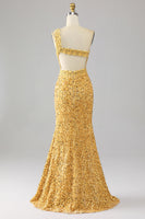 Load image into Gallery viewer, Mermaid Sequins One Shoulder Golden Long Formal Dress with Slit