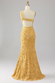 Mermaid Sequins One Shoulder Golden Long Formal Dress with Slit