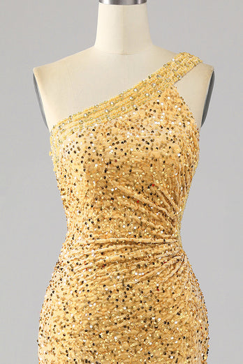 Mermaid Sequins One Shoulder Golden Long Formal Dress with Slit