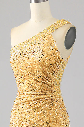 Mermaid Sequins One Shoulder Golden Long Formal Dress with Slit