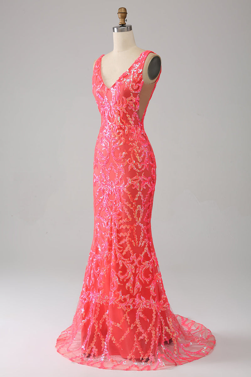Load image into Gallery viewer, Orange Charming Mermaid Deep V Neck Sparkly Sequin Long Formal Dress with Embroidery