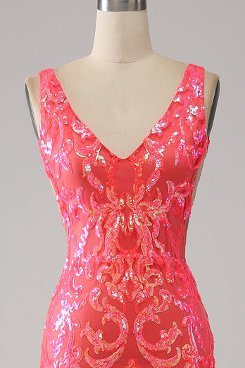 Orange Charming Mermaid Deep V Neck Sparkly Sequin Long Formal Dress with Embroidery