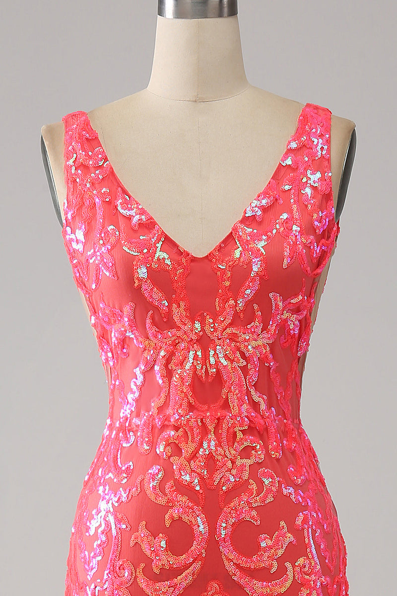 Load image into Gallery viewer, Orange Charming Mermaid Deep V Neck Sparkly Sequin Long Formal Dress with Embroidery
