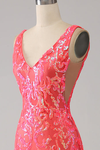 Orange Charming Mermaid Deep V Neck Sparkly Sequin Long Formal Dress with Embroidery
