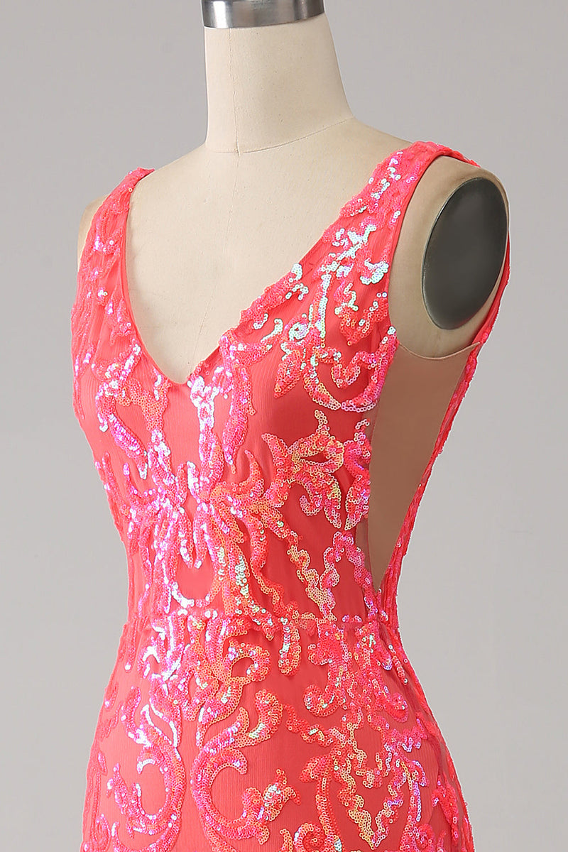 Load image into Gallery viewer, Orange Charming Mermaid Deep V Neck Sparkly Sequin Long Formal Dress with Embroidery