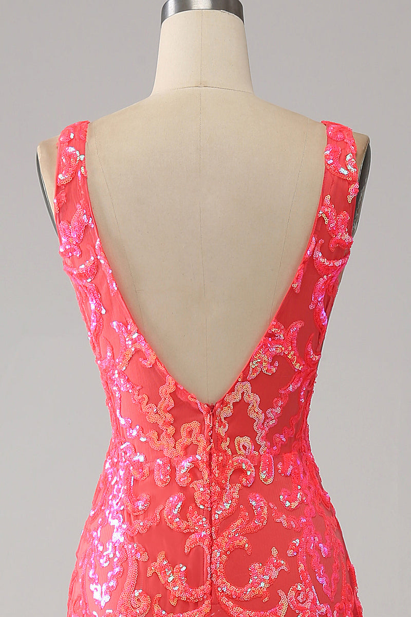Load image into Gallery viewer, Orange Charming Mermaid Deep V Neck Sparkly Sequin Long Formal Dress with Embroidery