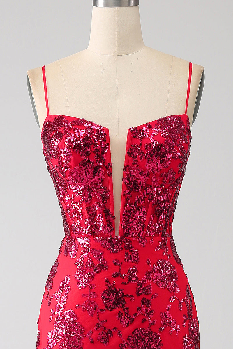 Load image into Gallery viewer, Mermaid Dark Red Sequins Long Formal Dress with Slit