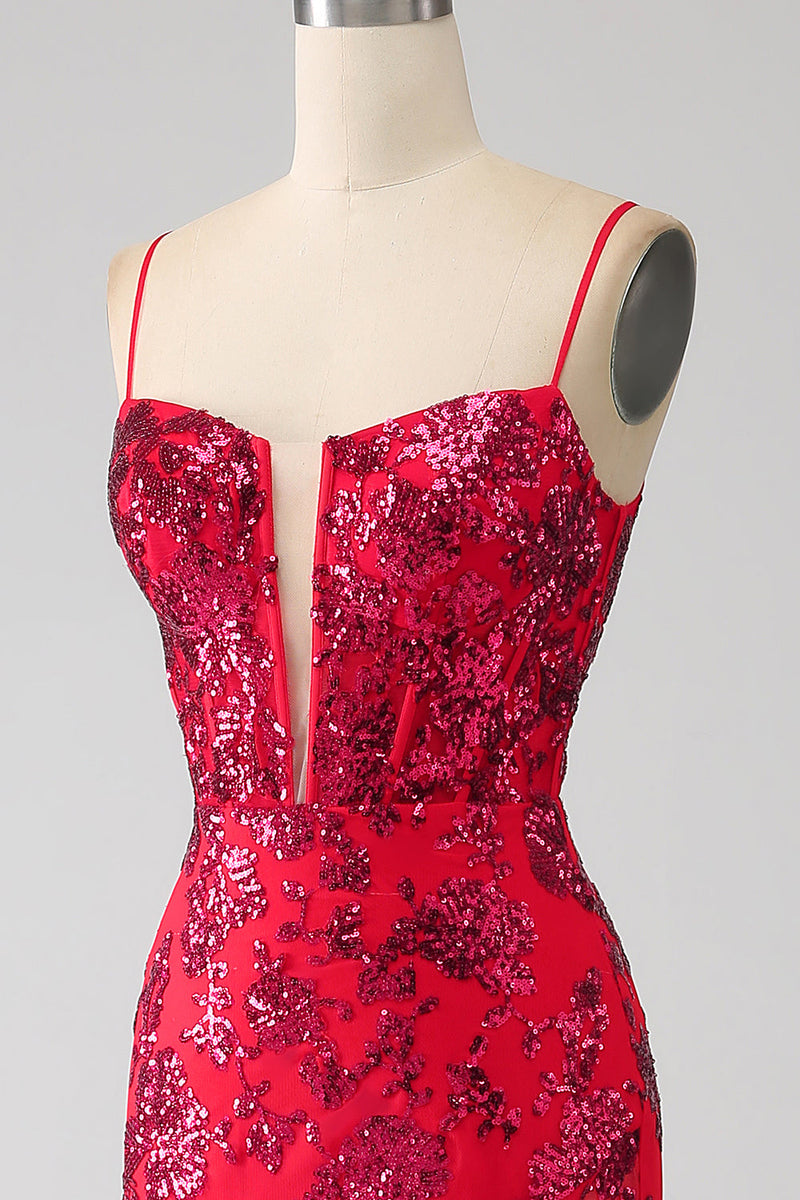 Load image into Gallery viewer, Mermaid Dark Red Sequins Long Formal Dress with Slit