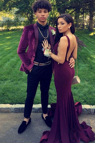 Purple Velvet Peak Lapel Prom Blazer for Men