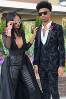 Load image into Gallery viewer, Black Peak Lapel Jacquard Men&#39;s Prom Suits