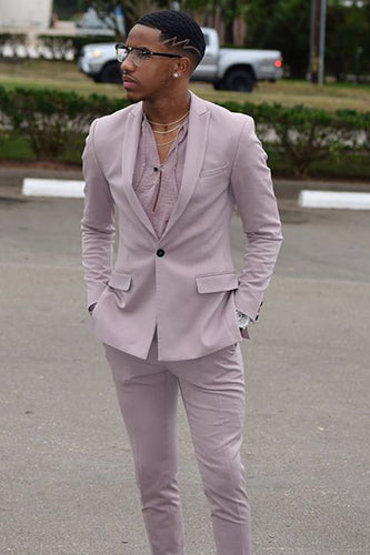 2 Piece Peak Lapel Grey Pink One Button Men's Prom Suits