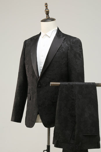 Peak Lapel Black Jacquard Men's Prom Suits