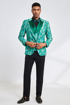 Green Jacquard 3 Piece Peak Lapel Men's Formal Party Suits