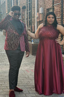 Load image into Gallery viewer, Sparkly Burgundy Jacquard Patchwork Peak Lapel Formal Party Blazer