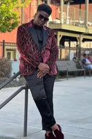 Load image into Gallery viewer, Sparkly Burgundy Jacquard Patchwork Peak Lapel Formal Party Blazer