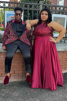 Load image into Gallery viewer, Sparkly Burgundy Jacquard Patchwork Peak Lapel Formal Party Blazer