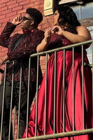 Load image into Gallery viewer, Sparkly Burgundy Jacquard Patchwork Peak Lapel Formal Party Blazer