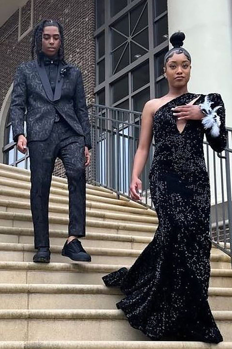 Queendancer Black Men's Prom Suits Shawl Lapel Jacquard One Button ...