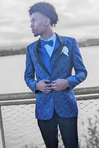 Royal Blue Jacquard One Button Shawl Lapel Prom Homecoming Blazer