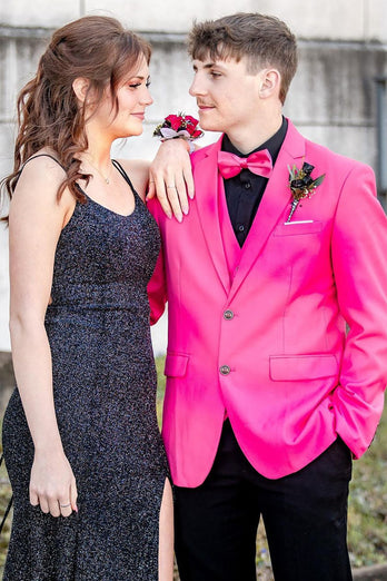 Hot Pink Notched Lapel 3 Piece Formal Party Suits