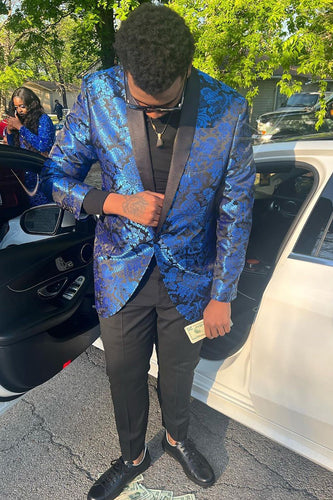 Royal Blue Jacquard One Button Shawl Lapel Men's Prom Jacket