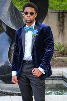 Load image into Gallery viewer, Dark Blue Velvet Patchwork Notched Lapel Men&#39;s Formal Jacket