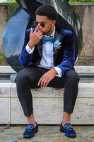 Load image into Gallery viewer, Dark Blue Velvet Patchwork Notched Lapel Men&#39;s Formal Jacket