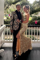 Load image into Gallery viewer, Shawl Lapel One Button Black Golden Jacquard Men&#39;s Prom Blazer