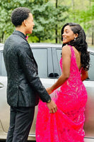 Load image into Gallery viewer, Black Jacquard Peak Lapel One Button Prom Jacket