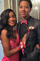 Load image into Gallery viewer, Black Jacquard Peak Lapel One Button Prom Jacket